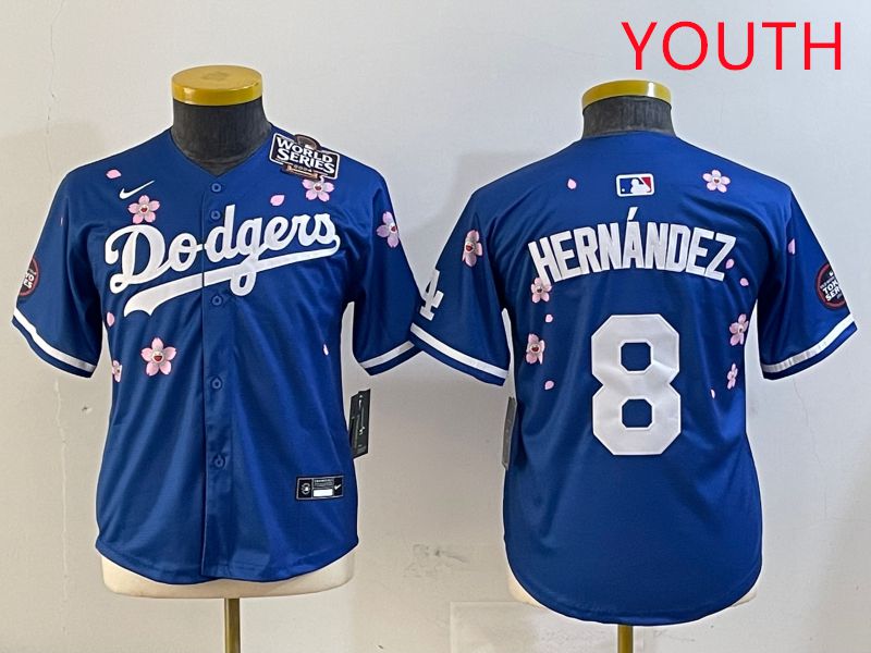 Youth Los Angeles Dodgers #8 Hernandez Blue Sakura Edition 2025 Nike MLB Jersey style 3